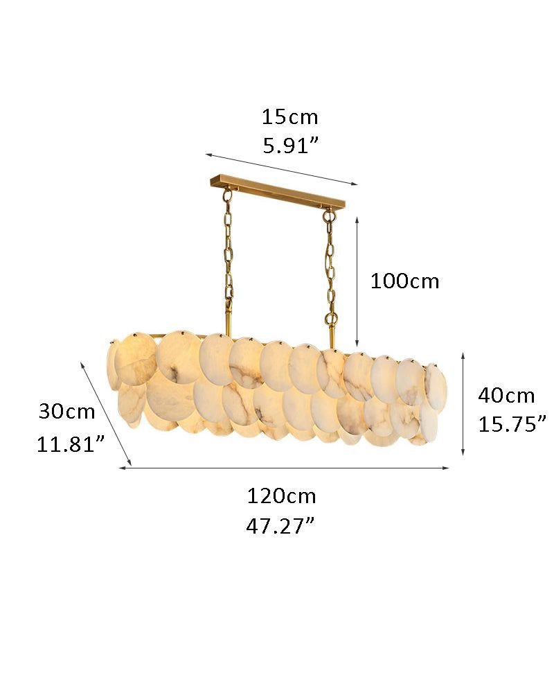 Rectangular Alabaster Chandelier Dia 100/120 with Round Shell Piece String Ceiling for Dining room - L120*W30*H40CM/L47.24*W11.81*H15.75"White + BrassTrivellolab