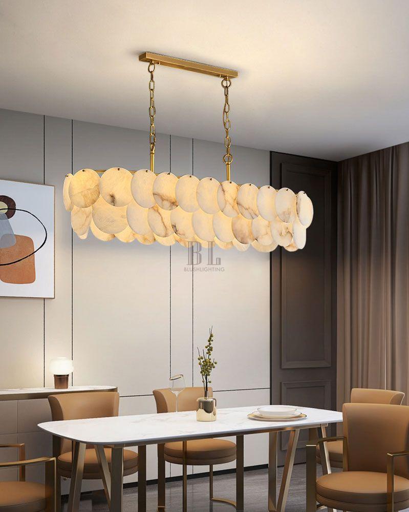 Rectangular Alabaster Chandelier Dia 100/120 with Round Shell Piece String Ceiling for Dining room - L100*W30*H40CM/L39.37*W11.81*H15.75"White + BrassTrivellolab