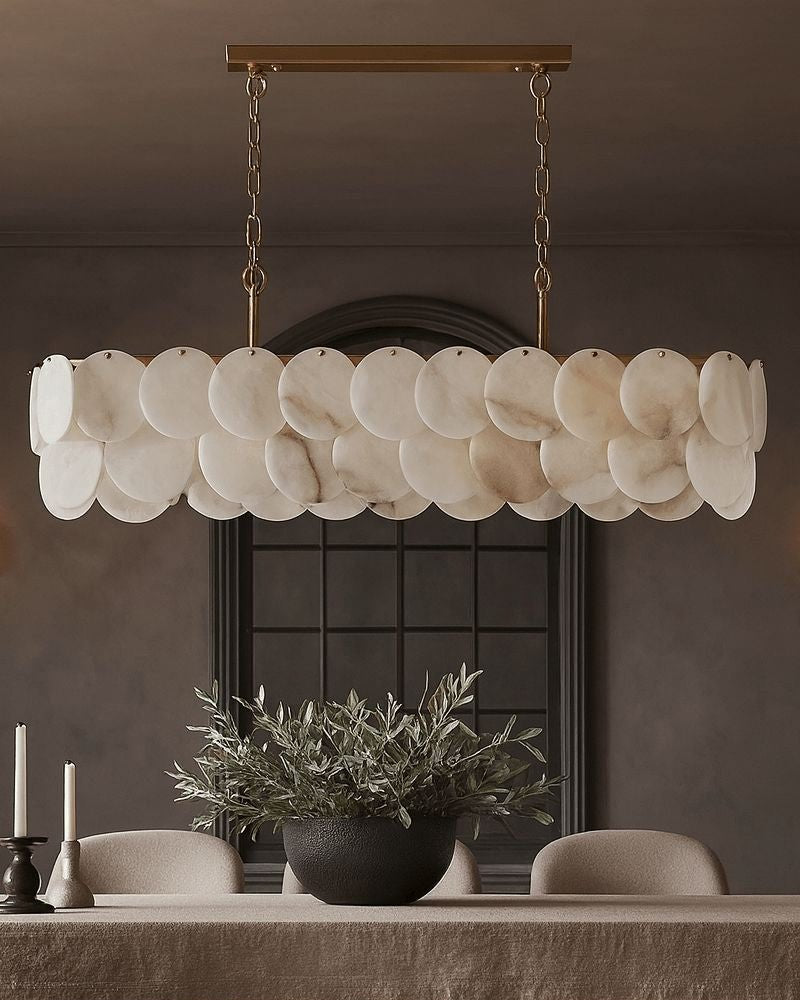 Rectangular Alabaster Chandelier Dia 100/120 with Round Shell Piece String Ceiling for Dining room - L100*W30*H40CM/L39.37*W11.81*H15.75"White + BrassTrivellolab