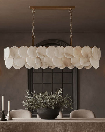 Rectangular Alabaster Chandelier Dia 100/120 with Round Shell Piece String Ceiling for Dining room - L100*W30*H40CM/L39.37*W11.81*H15.75"White + BrassTrivellolab
