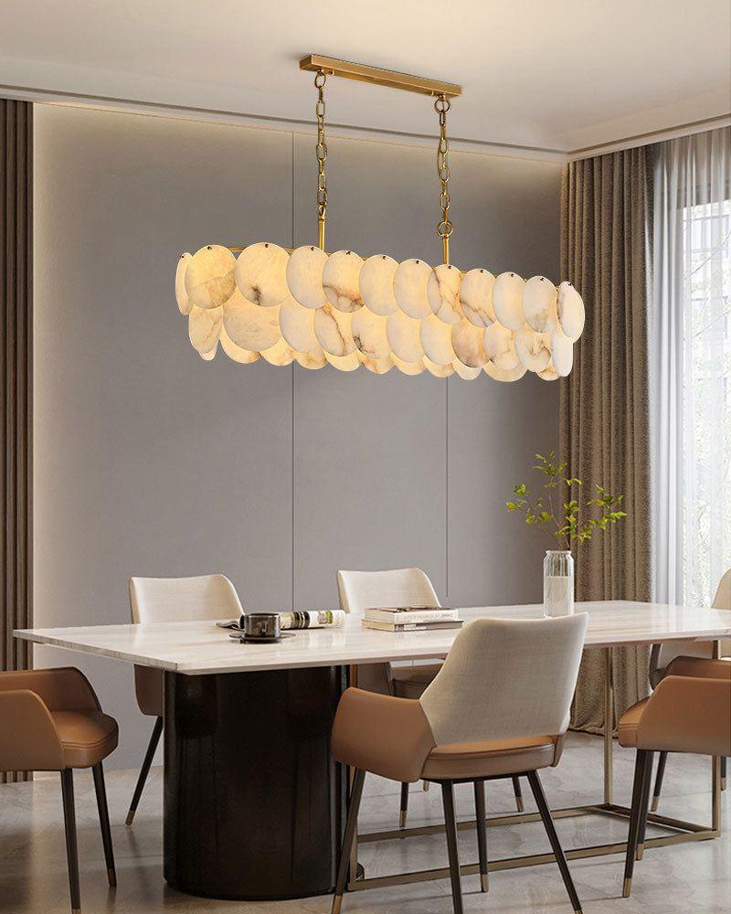 Rectangular Alabaster Chandelier Dia 100/120 with Round Shell Piece String Ceiling for Dining room - L100*W30*H40CM/L39.37*W11.81*H15.75"White + BrassTrivellolab