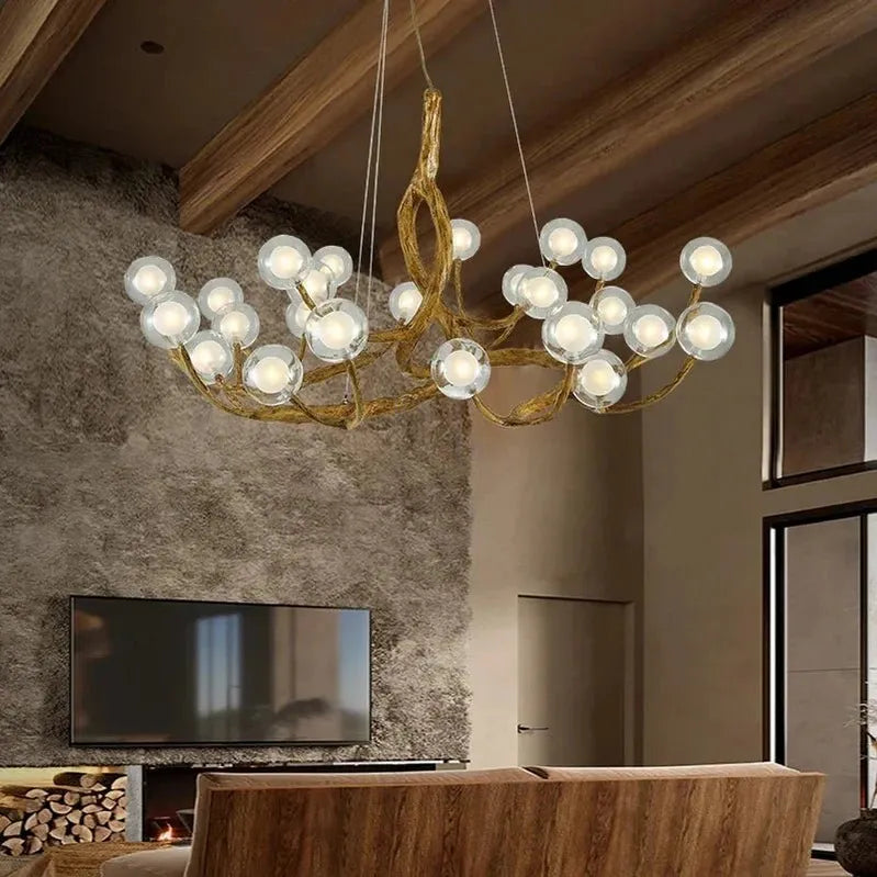 Rustic Farmhouse Branch Chandelier with Glass Orbs - 16 LightsWarm Light 2700KTrivellolab