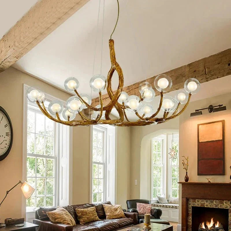Rustic Farmhouse Branch Chandelier with Glass Orbs - 16 LightsWarm Light 2700KTrivellolab
