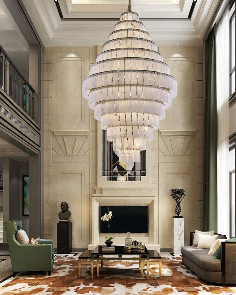 Stairwell Luxury Modern LED High Ceiling Large Alabaster Chandelier - 14 - light - L60*H45CM/L23.62"*H17.72"Warm lightWhite + BrassTrivellolab
