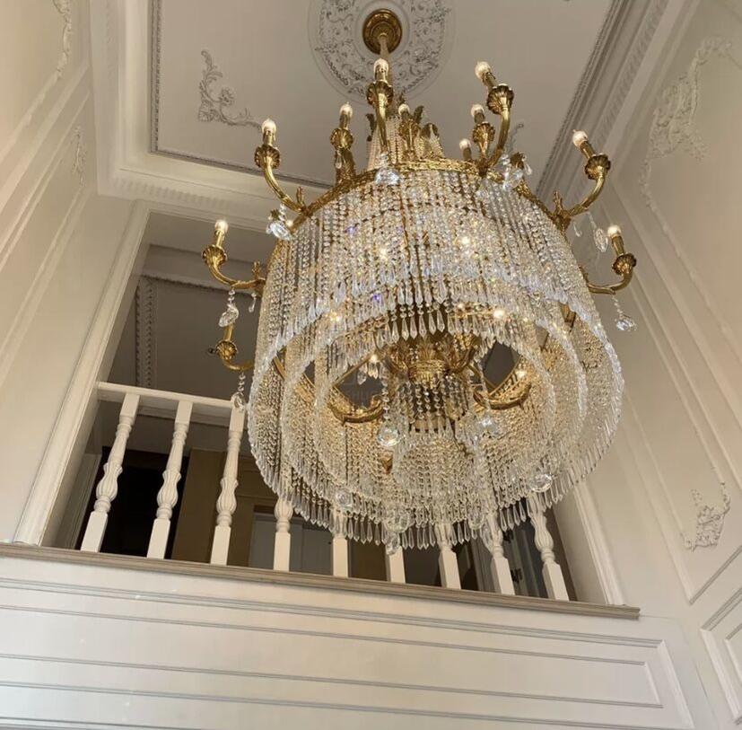 Stunning Oversized Luxury Golden Metal Candle Crystal Tassel Chandelier For High - ceiling Staircase/Entryway/Living/Meeting Room - 1 Layer: D 39.4"*H 39.4"Warm LightTrivellolab