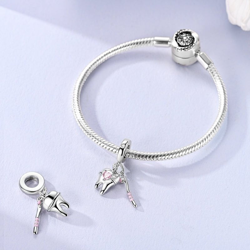 Trivellolab Tooth & Toothbrush Pink Heart Dangle Charm