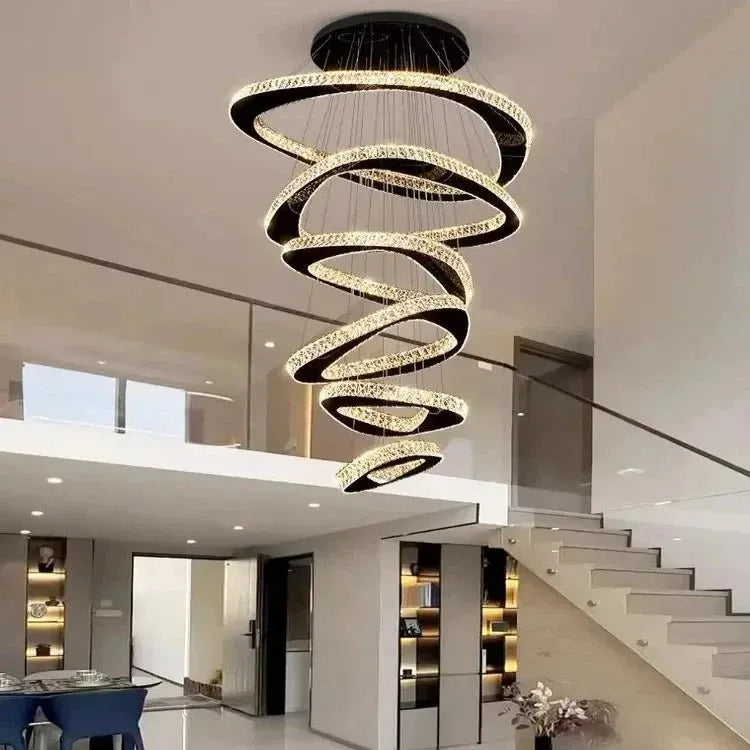 Twisted Ring Led Light Chandelier for High Ceiling - BlackWarm Light 3000KTrivellolab