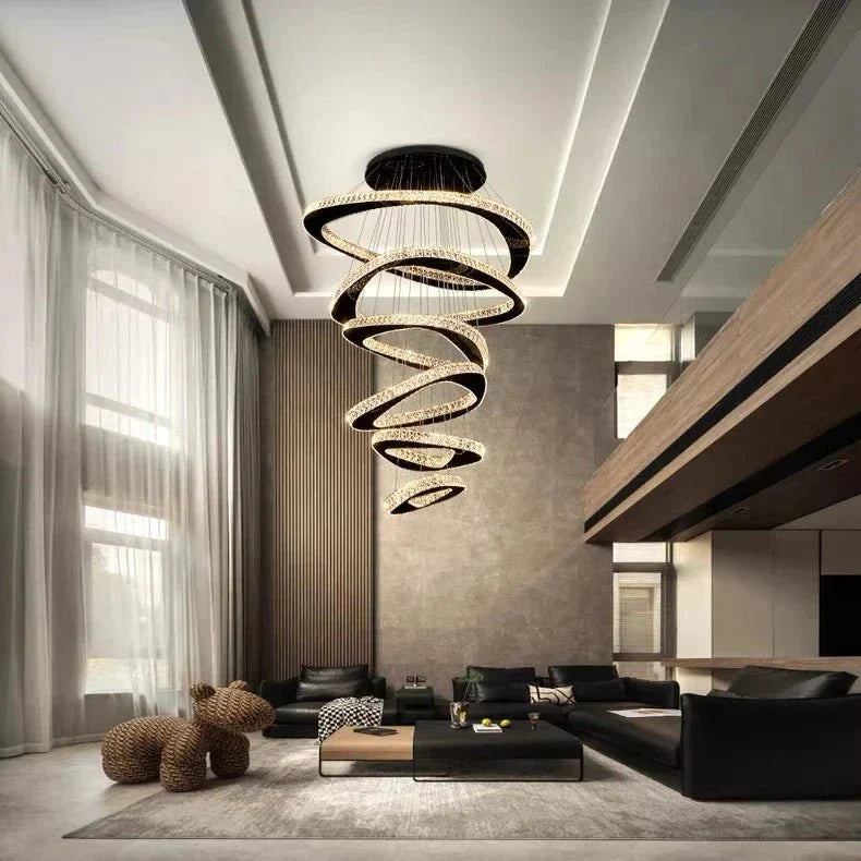 Twisted Ring Led Light Chandelier for High Ceiling - BlackWarm Light 3000KTrivellolab