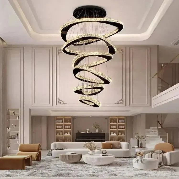 Twisted Ring Led Light Chandelier for High Ceiling - BlackWarm Light 3000KTrivellolab