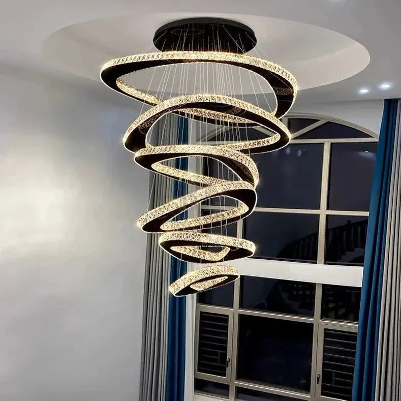 Twisted Ring Led Light Chandelier for High Ceiling - BlackWarm Light 3000KTrivellolab
