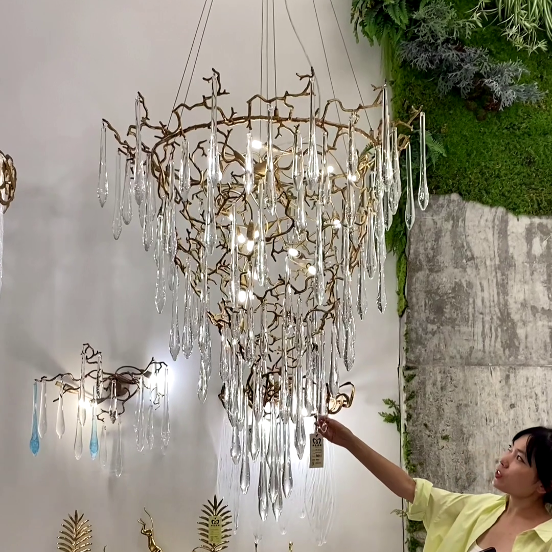 Chic Modern French Branch Copper Crystal Chandelier for Living Room Foyer and Dining Room Lighting