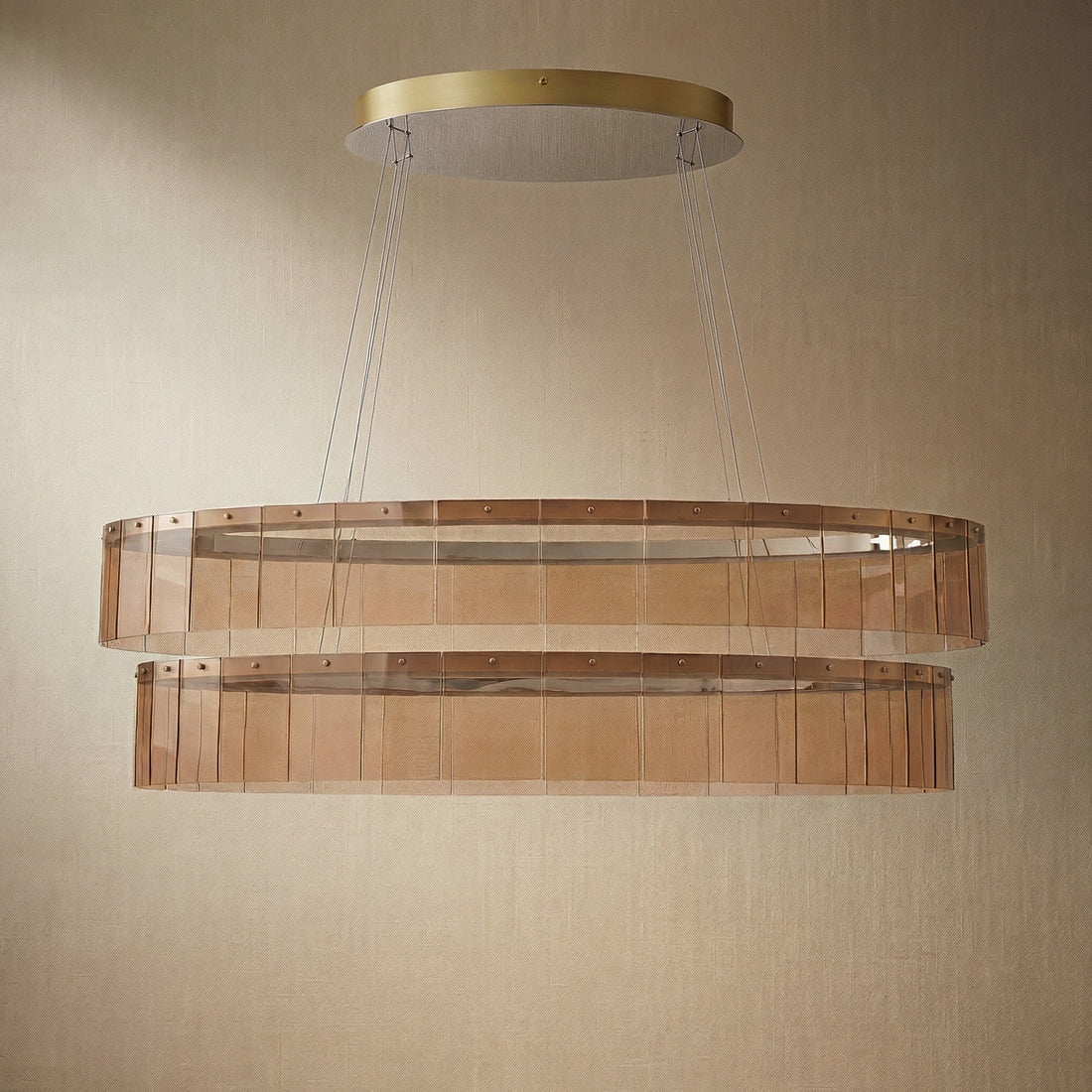 Trivellolab Astor 59 inch oval handmade glass linear chandelier with antique brass finish — modern dining pendant