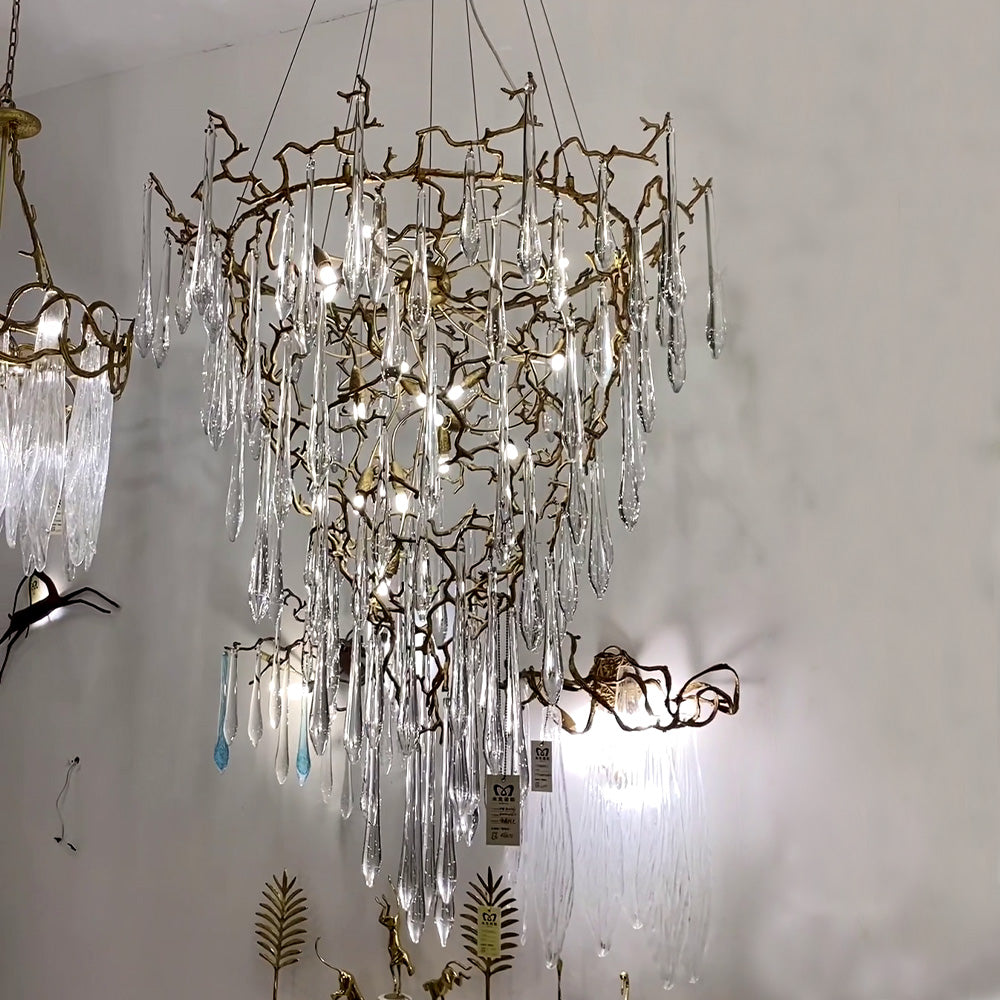 Chic Modern French Branch Copper Crystal Chandelier for Living Room Foyer and Dining Room Lighting